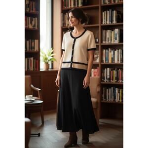 St. John Collection Marie Gray Cream Black Tan Knit Cardigan Sz 12 Professional